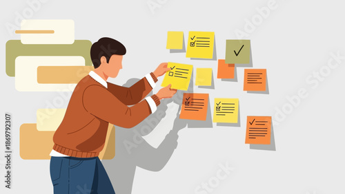 Man planning with sticky notes on wall, to do list, task management, strategy, ideas