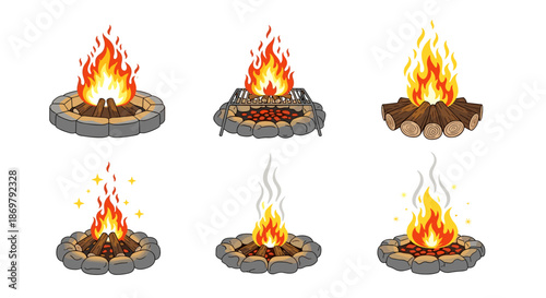 Diverse collection of campfires with burning logs and stones arranged for outdoor adventure and camping themes.