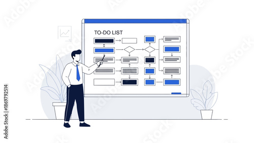 Man presenting a to-do list flowchart on a whiteboard with plants in modern office setting