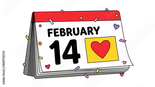 Cute Desk Calendar Icon – February 14 Valentine’s Day with Heart and Confetti