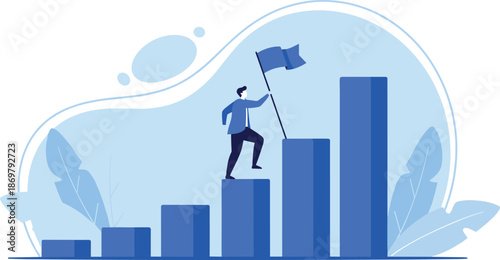 Business growth success illustration with man climbing bar chart holding flag, achievement strategy leadership progress concept for corporate finance marketing