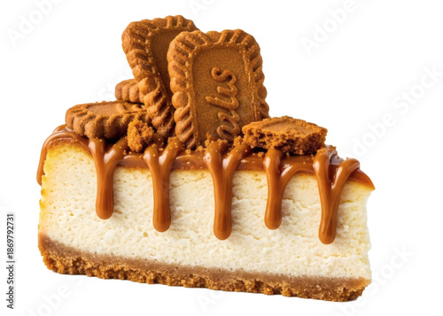 A decadent cheesecake slice drizzled with caramel and topped with lotus biscuits