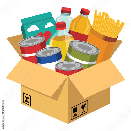Donation box with assorted canned foods and staple items, vector illustration ideal for nonprofit campaigns, food bank promotions, community aid, and professional digital