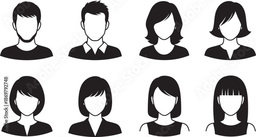 Eight faceless human avatars in two rows on a white background