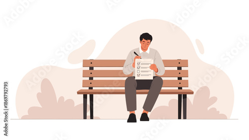 Man sitting on park bench, completing checklist, outdoor minimalist illustration