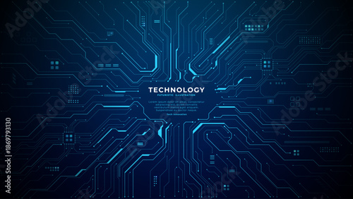 Circuit board background with glowing blue tech patterns and digital chip elements on dark surface, perfect space for text overlay. Digital technology vector background. 