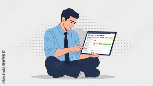 Man using tablet for daily task management with calendar and checklist