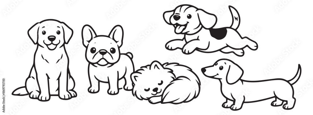 Obraz premium Cute hand drawn line art puppy and dog set featuring labrador, french bulldog, dachshund, and pomeranian puppies for pet care and children's designs