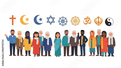 Diverse group of people from different cultures and religions standing together in unity and harmony
