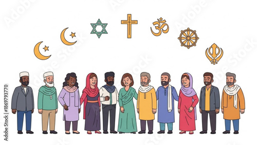 Diverse group of people from different cultures and religions standing together in unity and harmony