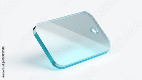 Translucent glass discount tag beveled edge blue border blank price label minimal design modern style 3d render glossy surface sale concept floating object sleek translucent glass discount tag