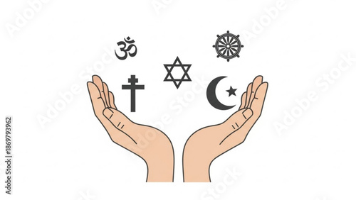 Hands cupped together with symbols of major world religions including om cross star of david wheel