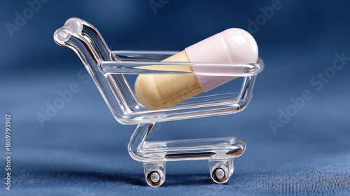 Transparent shopping cart acrylic rod pill capsule medicine pharmacy retail healthcare drug purchase medical blue background plastic macro closeup concept shopping cost consumer choice treatment