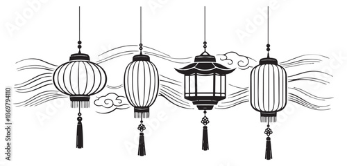 Line art traditional asian lanterns set featuring decorative clouds and tassels for cultural festivals and events