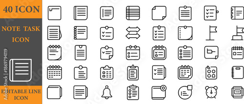 A set of 40 editable line icons for note taking and task management in a simple style