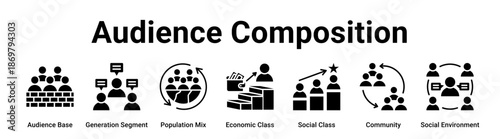 Audience Composition web banner icon vector illustration concept for business with icon of Audience Base, Generation Segment, Population Mix, Economic Class, Social Class, Community.