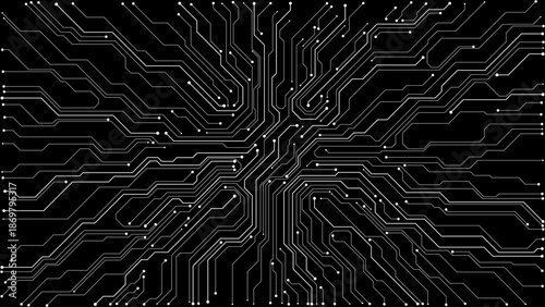 Black circuit board background featuring detailed electronic pathways and connection points, ideal for technology concepts and modern digital illustrations. Digital vector illustration