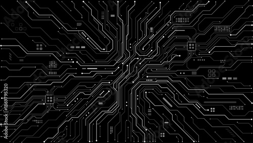 Electronic circuit board pattern on black background with intricate pathways and connections, perfect for tech projects and digital designs without mounted chips. Digital vector illustration
