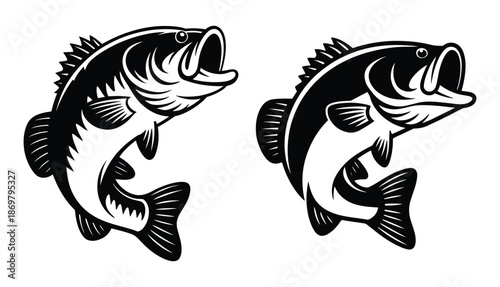 Jumping bass fish, Silhouette of a largemouth bass, Vector illustrations of a jumping bass fish