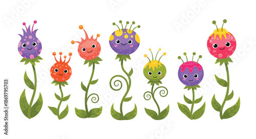 A whimsical collection of cute and colorful cartoon monster flowers with happy smiling faces, long stems, and green leaves on a white background.