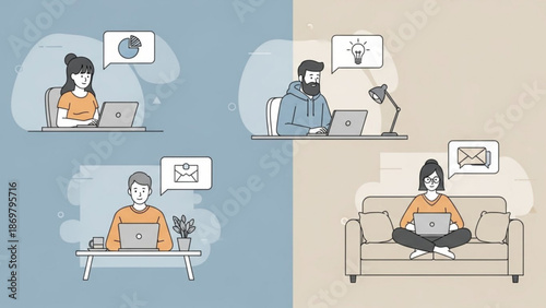 Remote workers collaborating and communicating online