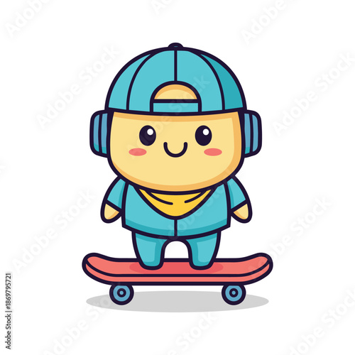 Cartoon Boy Riding Skateboard with Headphones