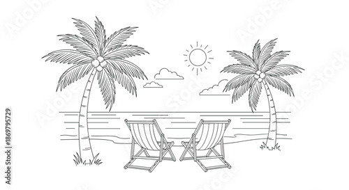 A serene black and white line art drawing of a tropical beach scene with two deck chairs, palm trees, the ocean, and the sun.
