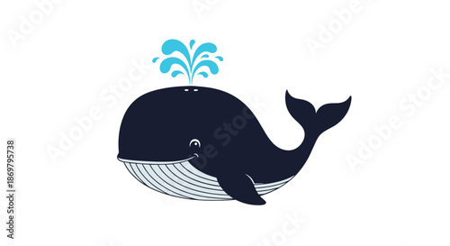 A friendly and cheerful cartoon whale character spouting water from its blowhole, illustrated in a simple, dark blue flat design style.