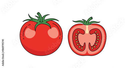A simple and clean illustration of a whole red tomato next to a half-cut tomato showing its inner structure, with a black outline.