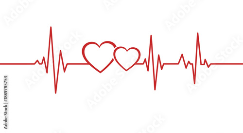A red heartbeat or EKG line that incorporates two hearts, symbolizing love, life, passion, and cardiovascular health on a white background.