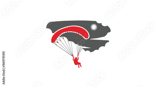 A person paragliding in the air with a red parachute and dark clouds