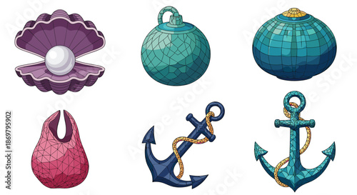 A collection of stylized nautical and marine items with a low-poly texture, including an anchor, seashell with a pearl, and a sea float.