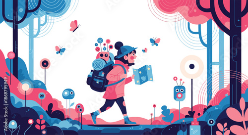 A vibrant and stylized illustration of a female hiker with a large backpack and map exploring a whimsical, colorful forest with butterflies.