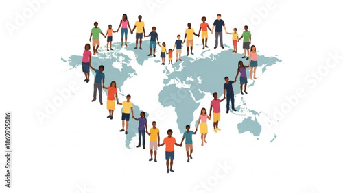 Diverse group of people from around the world standing on a map holding hands in unity and friendship