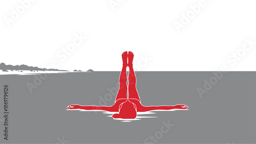 Person doing handstand on gray surface with landscape in background