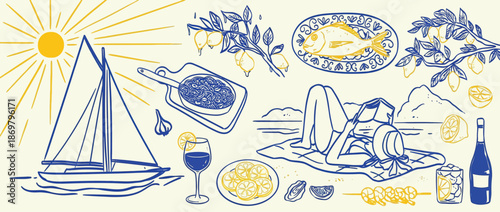 Italian Amalfi summer vacation doodle style illustration with hand drawn ink vector of Italy coast, sea, lemons, wine and food elements, seaside weekend rest artwork for poster, menu, placard and prin