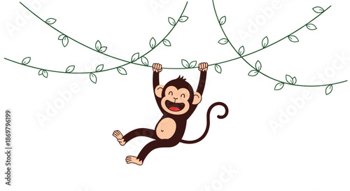 A happy and playful cartoon monkey character smiling while hanging from a jungle vine, isolated on a clean white background.