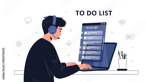 Man with headset using laptop for to-do list, task management concept