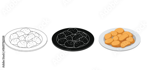 Iftar Plates of Sweet Treats Vector Set in Three Styles — Line Art, Silhouette and Color Version for Islamic Design, App UI, Posters and Branding	