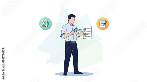 Man with phone and checklist, communication and task management concept