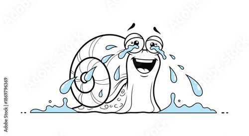 A hilarious black and white cartoon snail character laughing so hard it's crying, with tears splashing everywhere, for coloring fun.