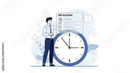 Man with Time Blocking Schedule and Giant Clock - Productivity Concept