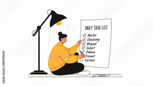 Person checking off daily tasks on a list under a desk lamp, minimalist illustration