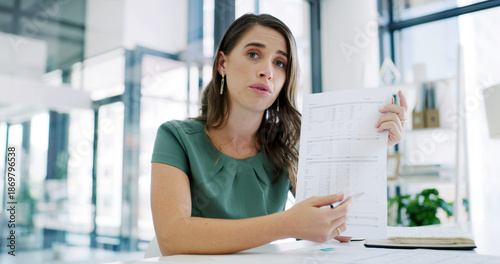 Photos Business woman, accountant and portrait with documents for finance, payslip or revenue in office