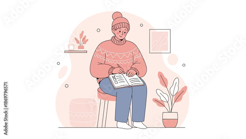 Person in cozy winter wear writing in notebook, indoor scene, illustration