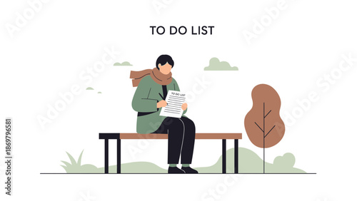 Person sitting on bench, writing to-do list in park, autumn season, planning tasks