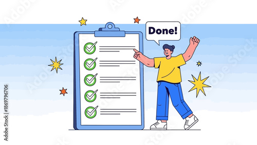Successful task completion concept: person points to checklist, 'Done!'