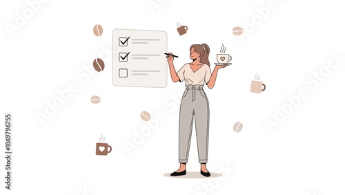 Woman checking list with coffee, planning and productivity concept, coffee break