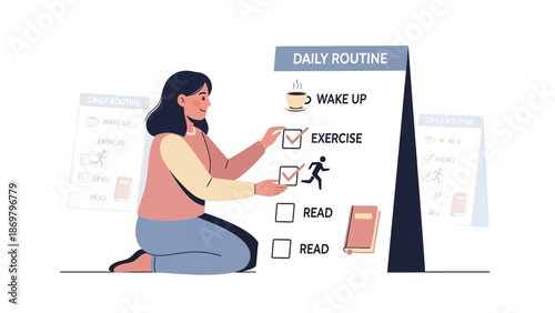 Woman checking off daily routine tasks on a checklist: wake up, exercise, read