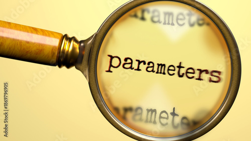 Parameters being studied under magnifying glass. Focusing on a topic of parameters. Taking a closer look at parameters. Examination of it ,3d illustration
